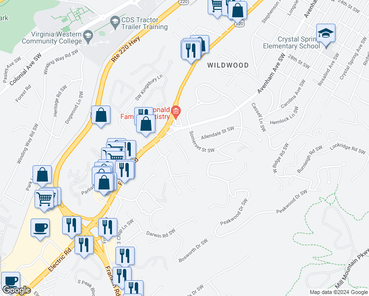 map of restaurants, bars, coffee shops, grocery stores, and more near 537 Dillard Road Southwest in Roanoke