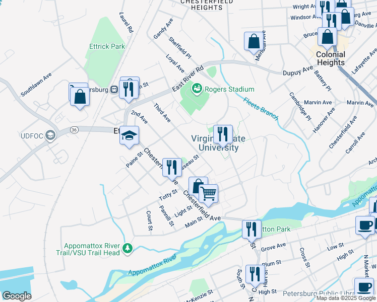 map of restaurants, bars, coffee shops, grocery stores, and more near 20908 Third Avenue in Ettrick