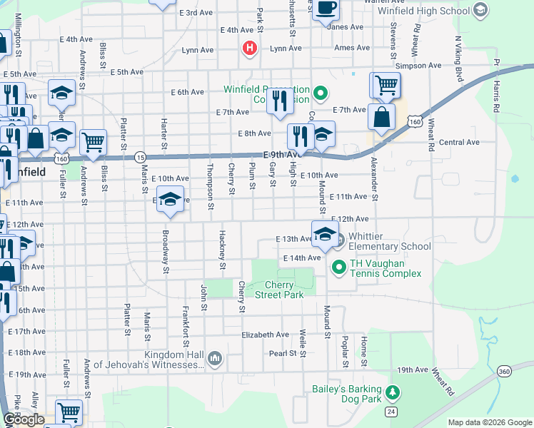 map of restaurants, bars, coffee shops, grocery stores, and more near 1316 East 12th Avenue in Winfield