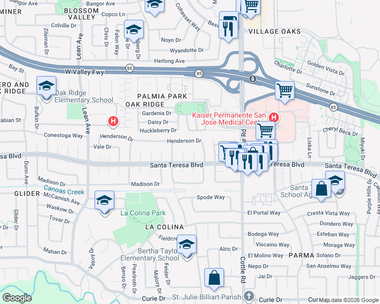 map of restaurants, bars, coffee shops, grocery stores, and more near 6075 Bigelow Court in San Jose