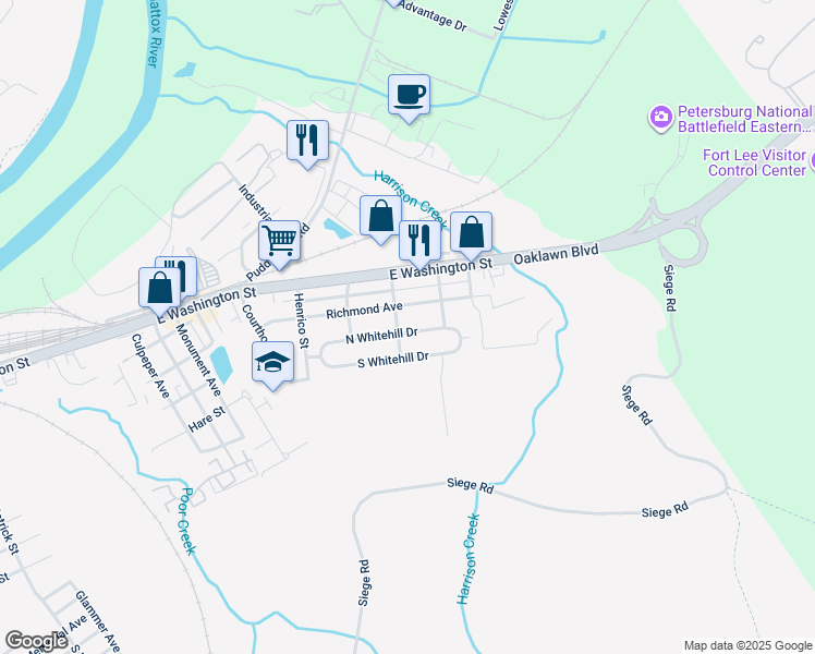 map of restaurants, bars, coffee shops, grocery stores, and more near 2207 North Whitehill Drive in Petersburg