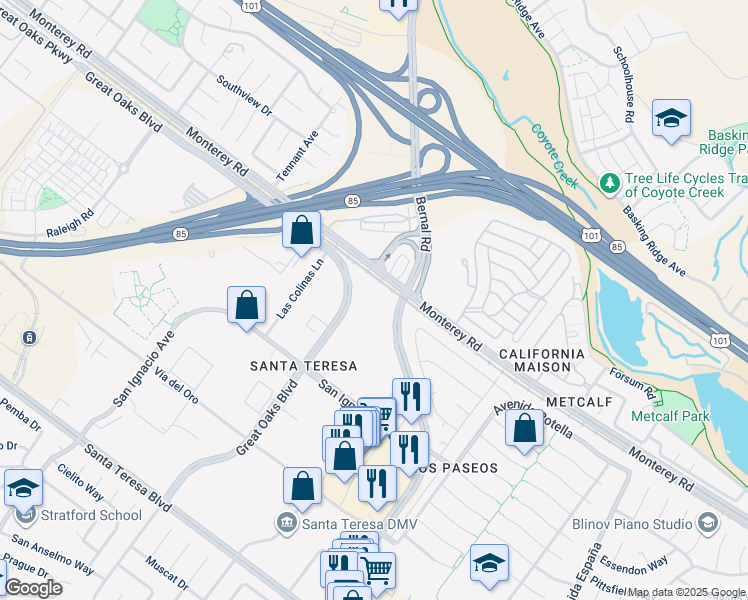 map of restaurants, bars, coffee shops, grocery stores, and more near 22 Great Oaks Boulevard in San Jose