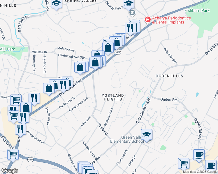 map of restaurants, bars, coffee shops, grocery stores, and more near 3561 Forester Road Southwest in Roanoke