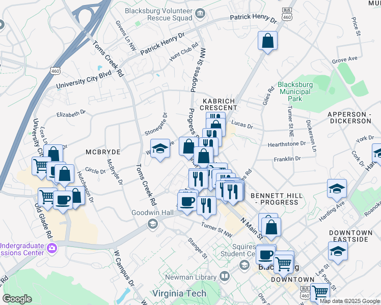 map of restaurants, bars, coffee shops, grocery stores, and more near 902 Kabrich Street in Blacksburg