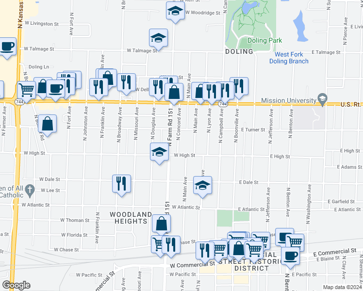 map of restaurants, bars, coffee shops, grocery stores, and more near 2220 North Concord Avenue in Springfield
