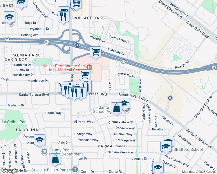 map of restaurants, bars, coffee shops, grocery stores, and more near 5971 Liska Lane in San Jose