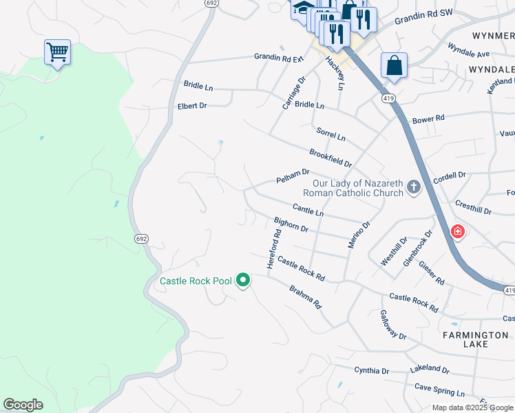 map of restaurants, bars, coffee shops, grocery stores, and more near 5935 Bighorn Drive in Cave Spring