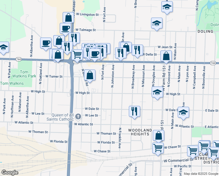 map of restaurants, bars, coffee shops, grocery stores, and more near 1217 West High Street in Springfield