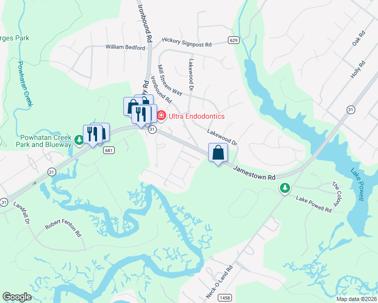 map of restaurants, bars, coffee shops, grocery stores, and more near 7 Bromley Drive in Williamsburg