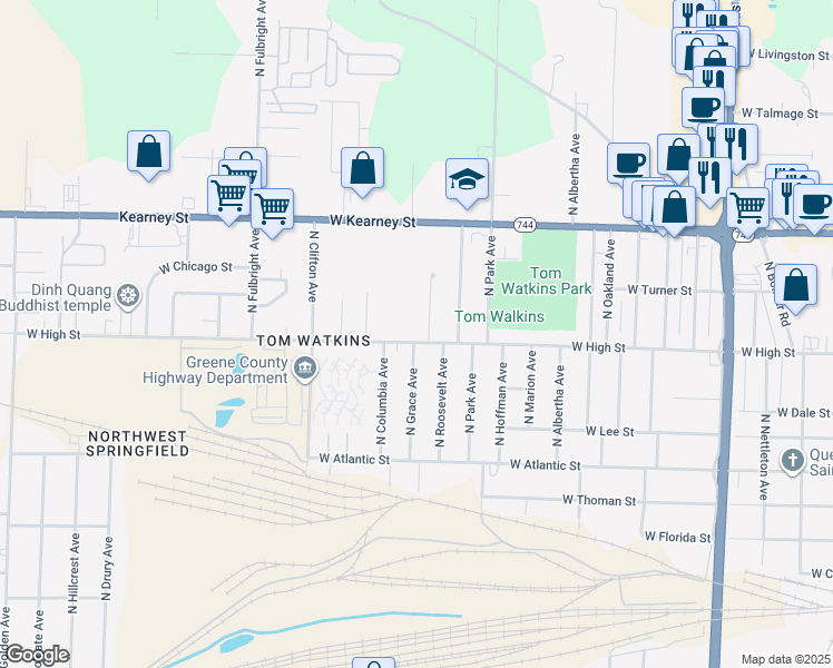 map of restaurants, bars, coffee shops, grocery stores, and more near 2147 North Roosevelt Avenue in Springfield