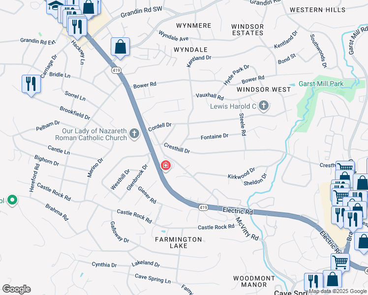 map of restaurants, bars, coffee shops, grocery stores, and more near 4573 Cresthill Drive in Cave Spring