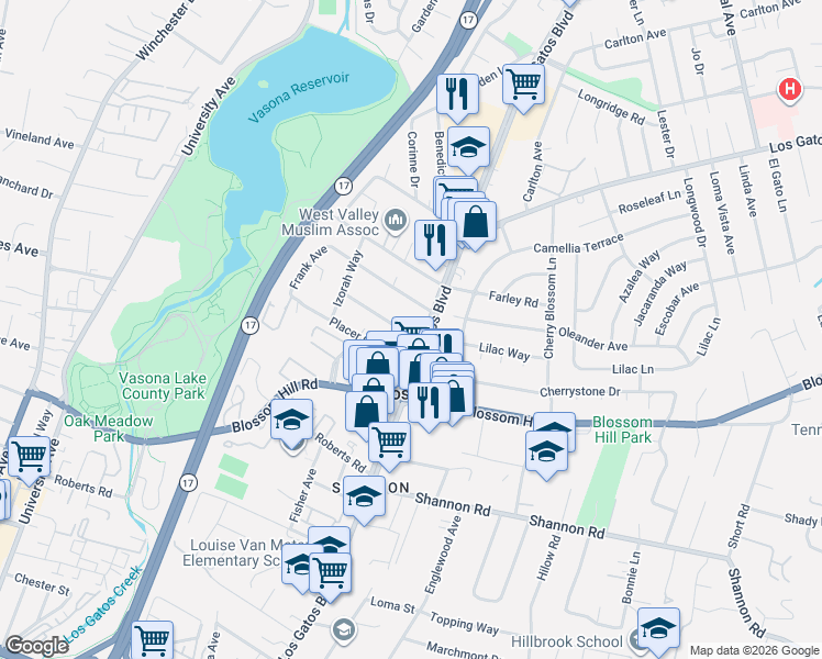 map of restaurants, bars, coffee shops, grocery stores, and more near 15900 Los Gatos Boulevard in Los Gatos