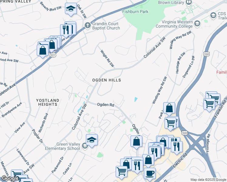 map of restaurants, bars, coffee shops, grocery stores, and more near 3276 Woodland Drive Southwest in Roanoke