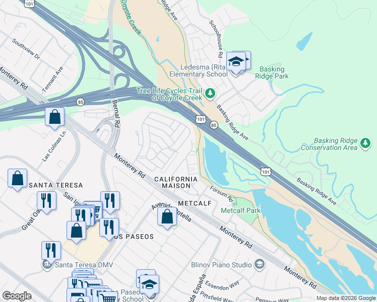 map of restaurants, bars, coffee shops, grocery stores, and more near 6938 Forsum Road in San Jose