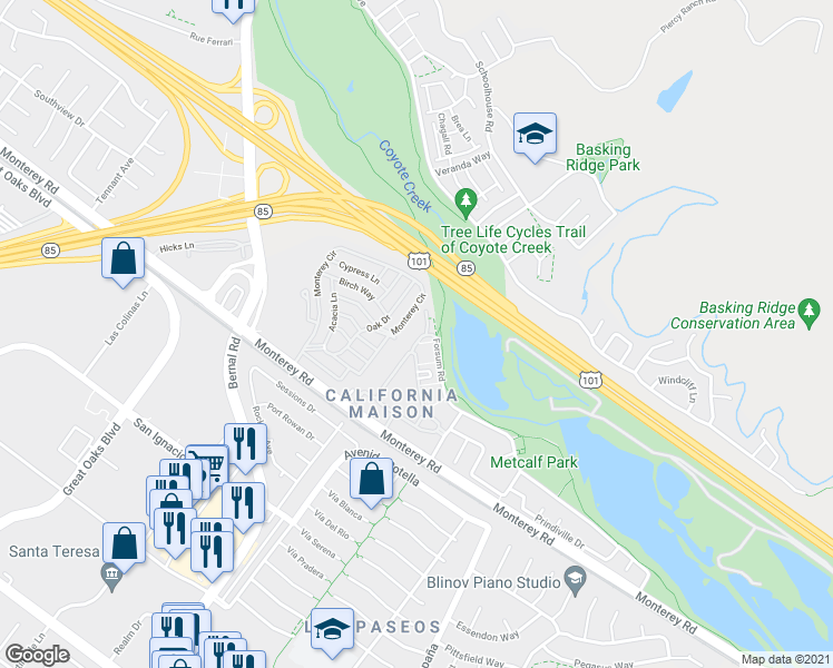 map of restaurants, bars, coffee shops, grocery stores, and more near 6925 Rodling Drive in San Jose