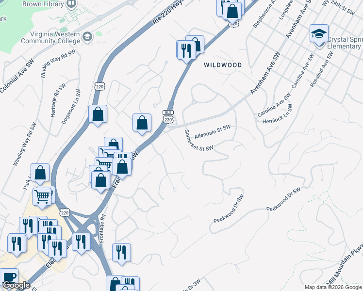 map of restaurants, bars, coffee shops, grocery stores, and more near 540 Dillard Road Southwest in Roanoke