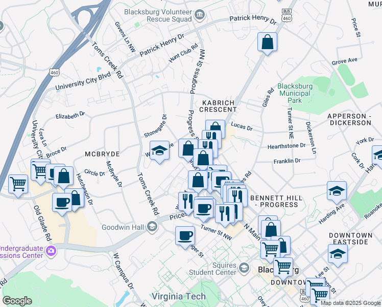 map of restaurants, bars, coffee shops, grocery stores, and more near 900-902 Kabrich Street in Blacksburg