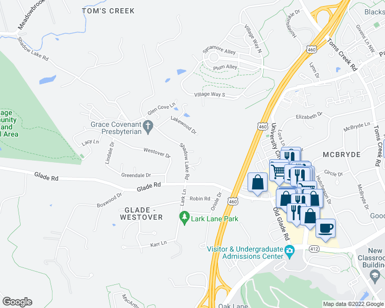 map of restaurants, bars, coffee shops, grocery stores, and more near 1910 Shadow Lake Road in Blacksburg