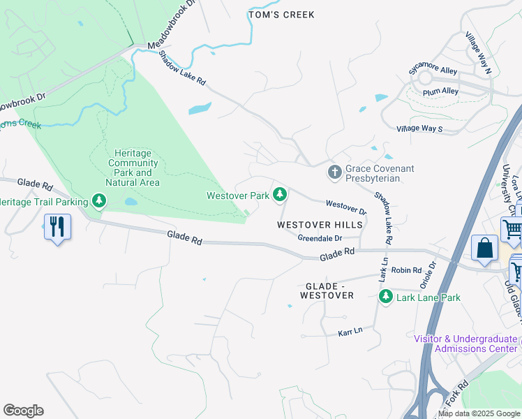 map of restaurants, bars, coffee shops, grocery stores, and more near 1907 Lindale Drive in Blacksburg