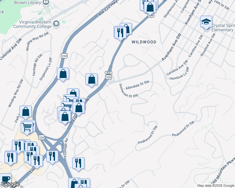 map of restaurants, bars, coffee shops, grocery stores, and more near 540 Dillard Road Southwest in Roanoke
