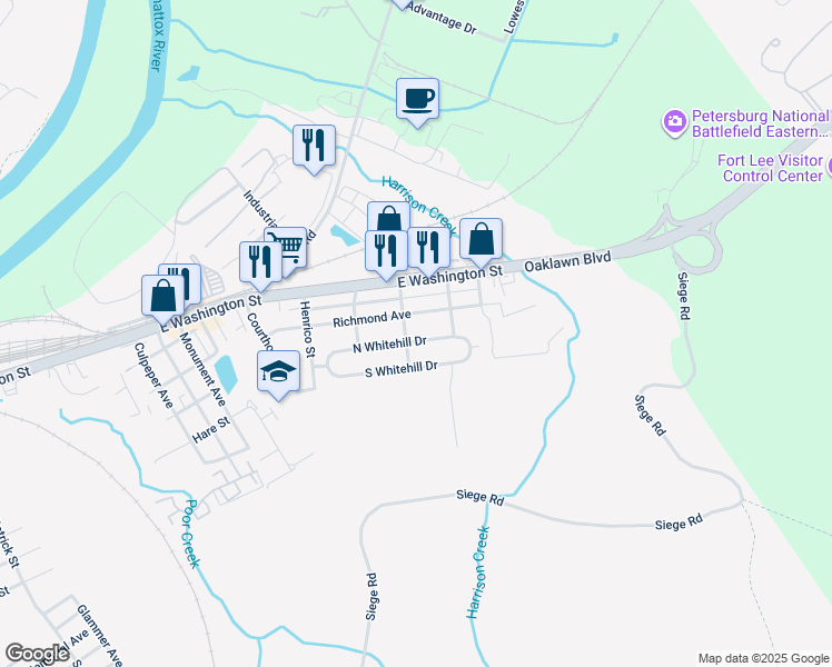 map of restaurants, bars, coffee shops, grocery stores, and more near 2207 North Whitehill Drive in Petersburg