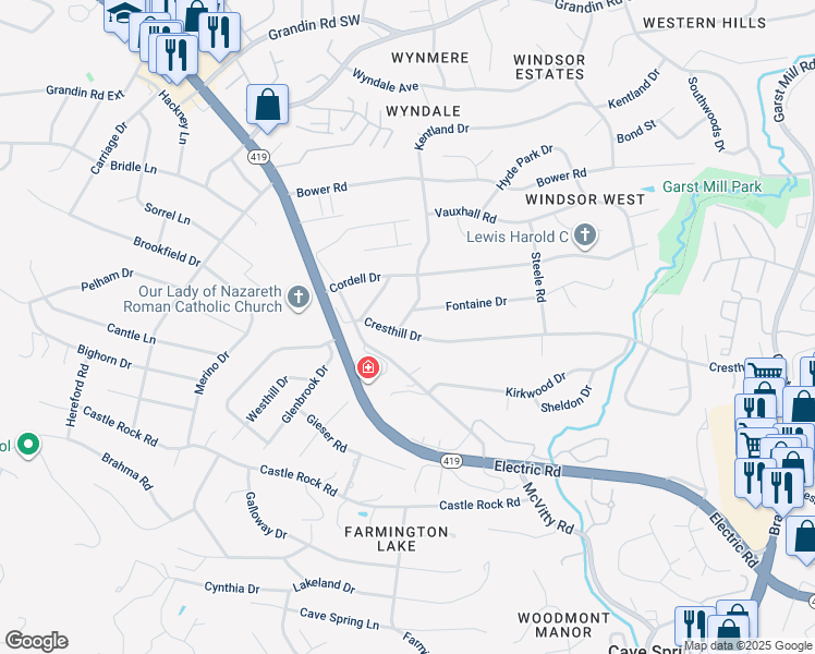 map of restaurants, bars, coffee shops, grocery stores, and more near 4573 Cresthill Drive in Cave Spring