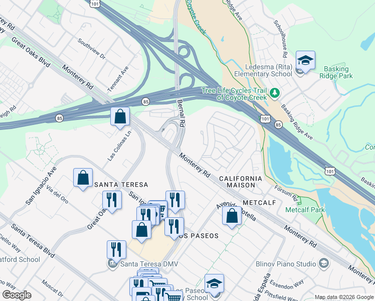 map of restaurants, bars, coffee shops, grocery stores, and more near 6100 Monterey Road in San Jose