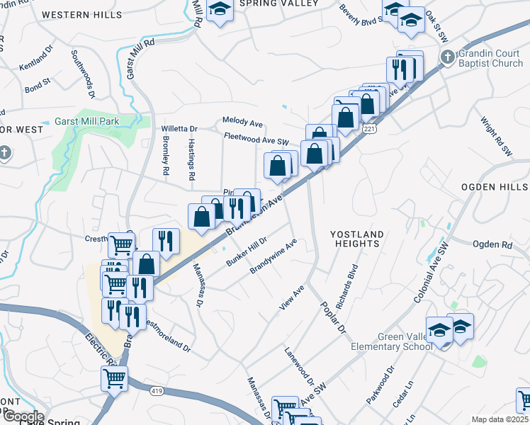 map of restaurants, bars, coffee shops, grocery stores, and more near 3426 Brambleton Avenue in Cave Spring