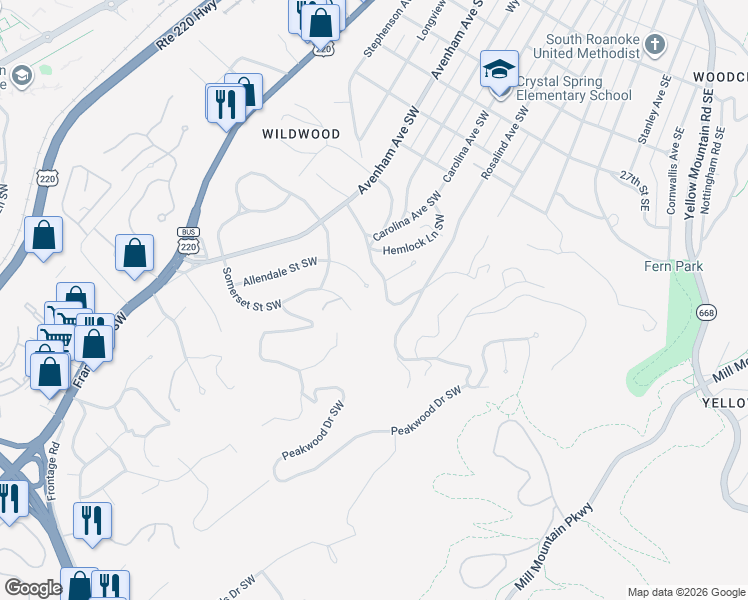 map of restaurants, bars, coffee shops, grocery stores, and more near 3101 SW Allendale St in Roanoke