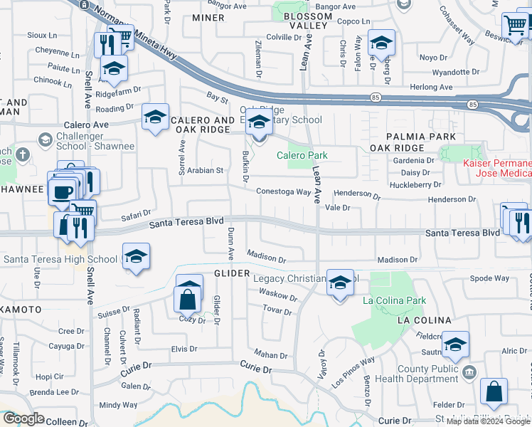 map of restaurants, bars, coffee shops, grocery stores, and more near 6096 Glen Harbor Drive in San Jose