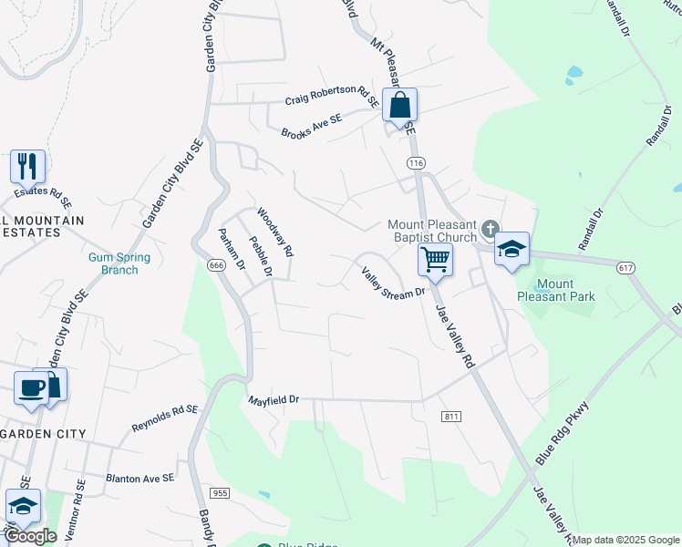 map of restaurants, bars, coffee shops, grocery stores, and more near 3309 Cedarmeade Drive in Roanoke
