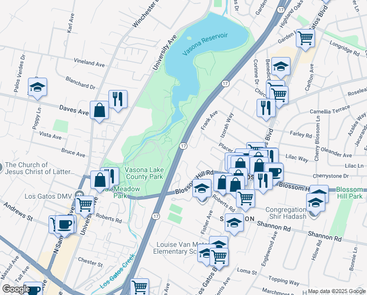 map of restaurants, bars, coffee shops, grocery stores, and more near California 17 in Los Gatos