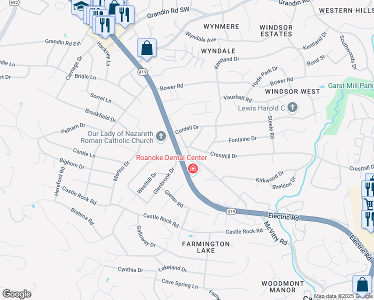 map of restaurants, bars, coffee shops, grocery stores, and more near 2745 McVitty Road in Roanoke