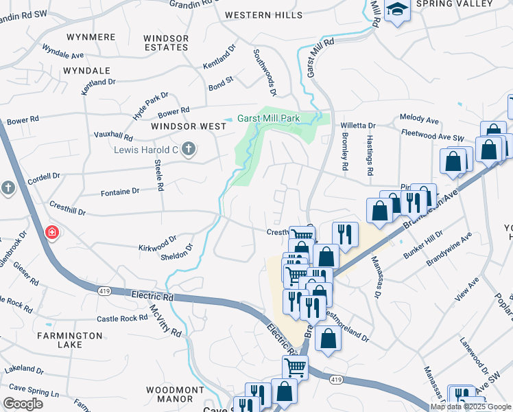 map of restaurants, bars, coffee shops, grocery stores, and more near 4231 Millcrest Court in Roanoke
