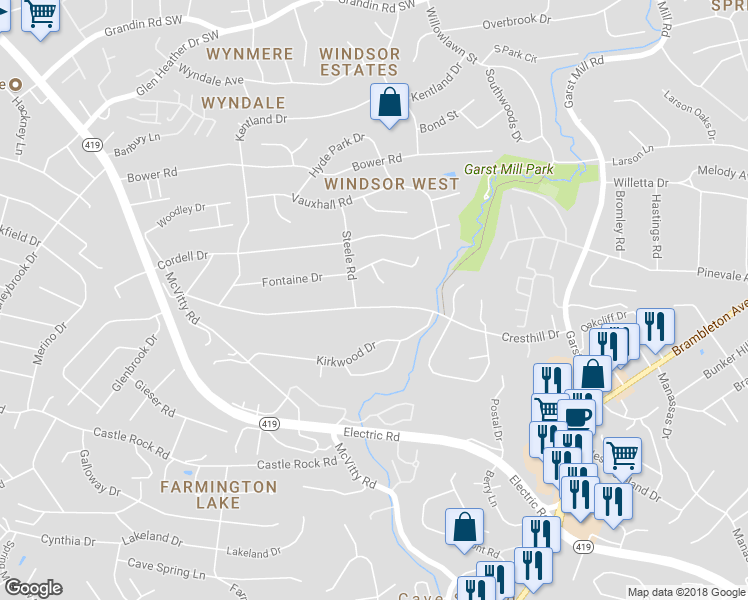 map of restaurants, bars, coffee shops, grocery stores, and more near 4349 Cresthill Drive in Roanoke