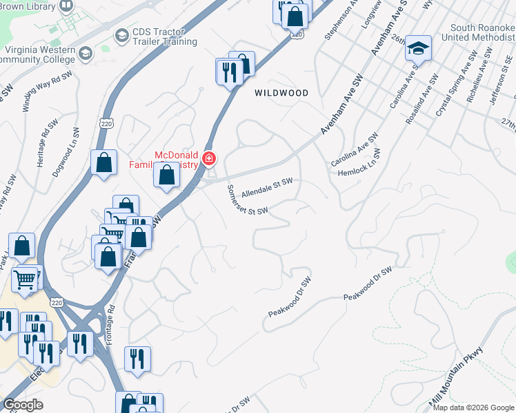 map of restaurants, bars, coffee shops, grocery stores, and more near 3249 Somerset St SW in Roanoke