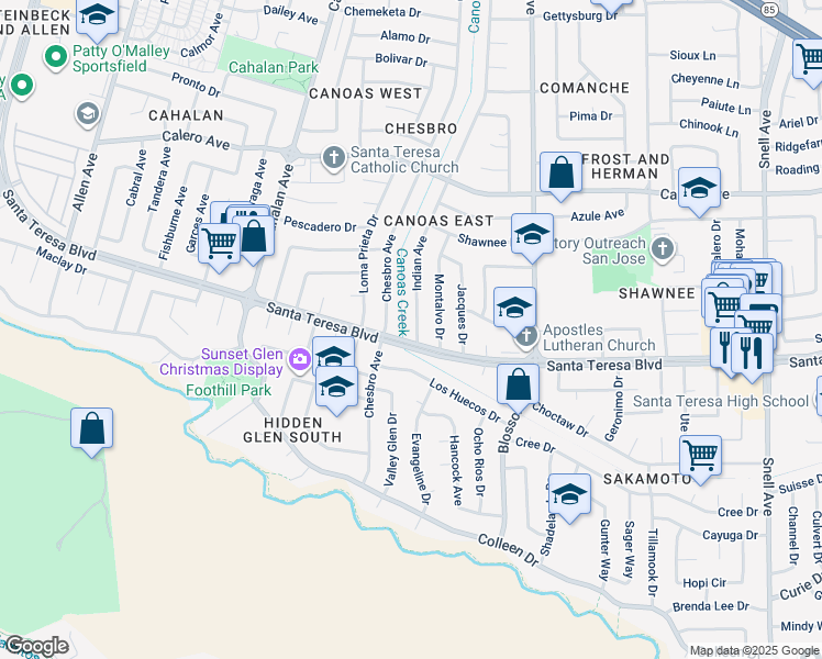 map of restaurants, bars, coffee shops, grocery stores, and more near 6085 Indian Avenue in San Jose