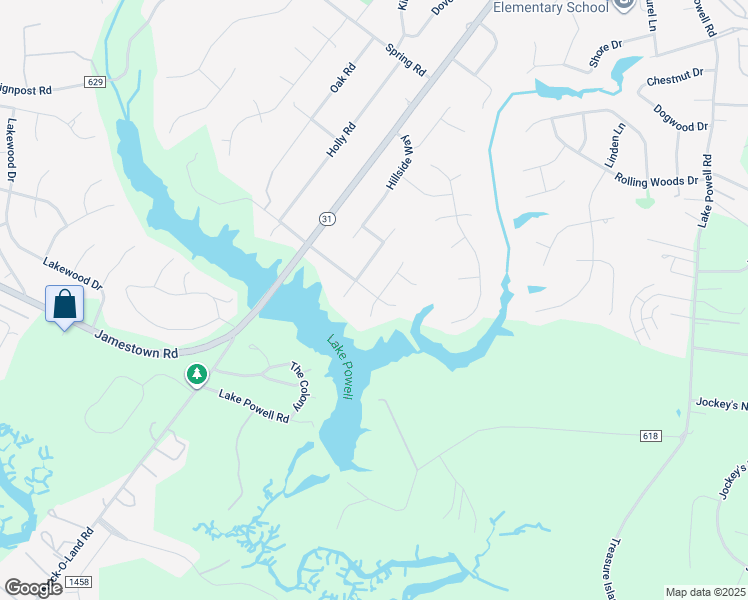 map of restaurants, bars, coffee shops, grocery stores, and more near 5108 Shoreline Court in Williamsburg