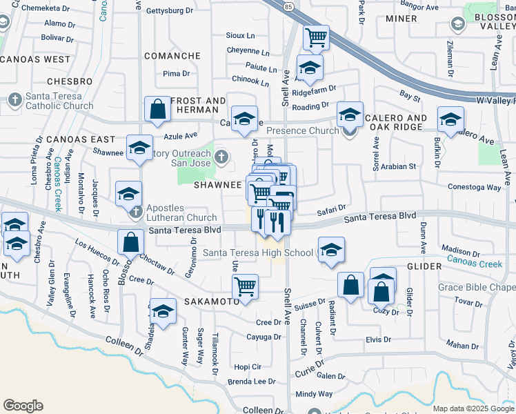 map of restaurants, bars, coffee shops, grocery stores, and more near 570 Modoc Court in San Jose