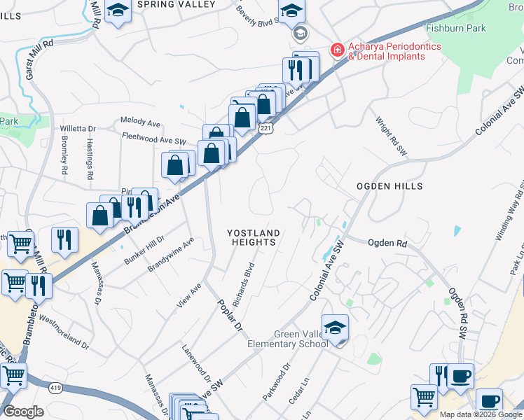 map of restaurants, bars, coffee shops, grocery stores, and more near 3586 Forester Road Southwest in Roanoke