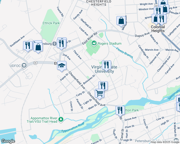 map of restaurants, bars, coffee shops, grocery stores, and more near 20908 Third Avenue in Ettrick