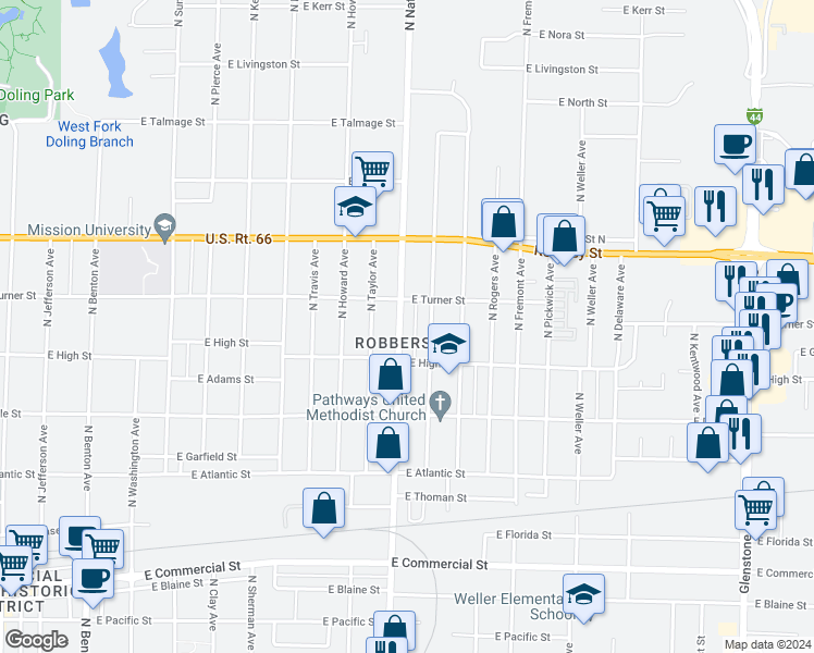 map of restaurants, bars, coffee shops, grocery stores, and more near 2236 North National Avenue in Springfield