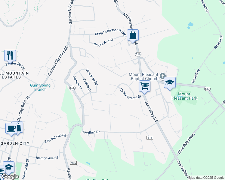 map of restaurants, bars, coffee shops, grocery stores, and more near 3309 Cedarmeade Drive in Roanoke