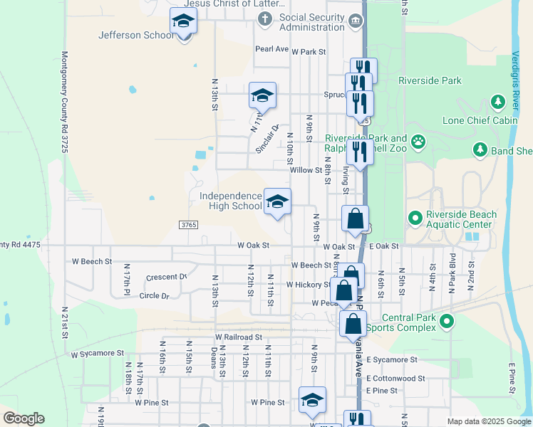 map of restaurants, bars, coffee shops, grocery stores, and more near 1301 North 10th Street in Independence