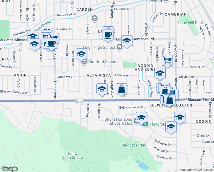 map of restaurants, bars, coffee shops, grocery stores, and more near 5517 Leigh Avenue in San Jose
