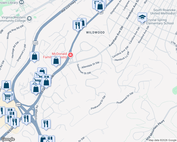 map of restaurants, bars, coffee shops, grocery stores, and more near 3249 Somerset St SW in Roanoke