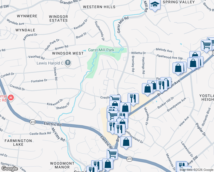 map of restaurants, bars, coffee shops, grocery stores, and more near 4722 Mews Hill Drive in Cave Spring
