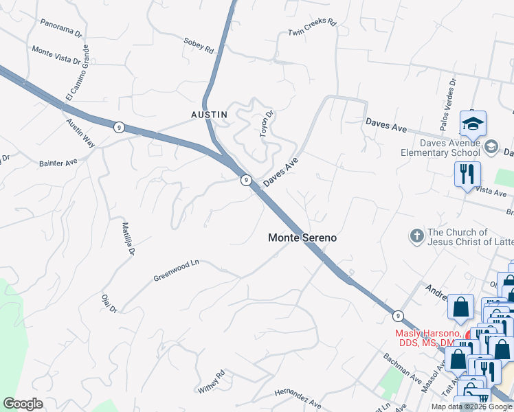 map of restaurants, bars, coffee shops, grocery stores, and more near 18510 Decatur Road in Los Gatos