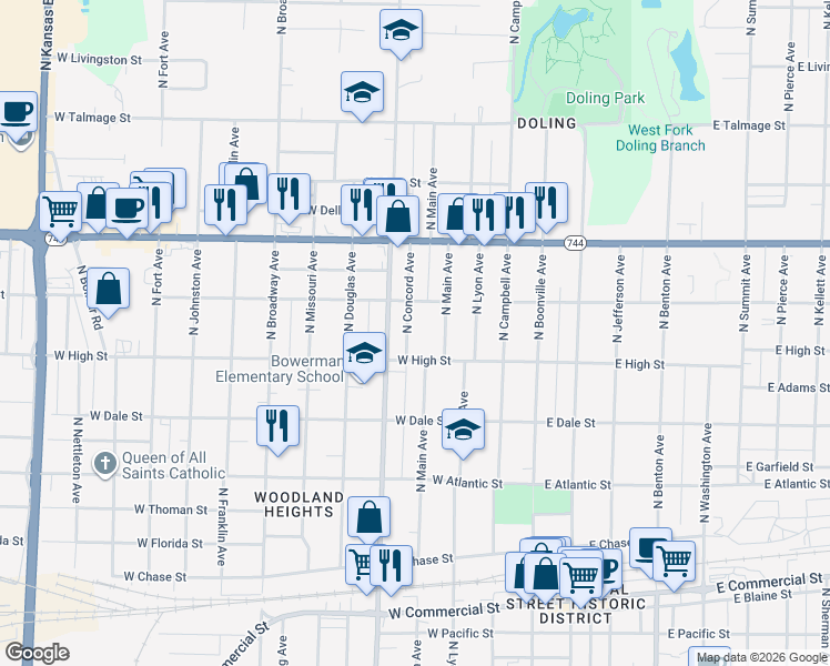 map of restaurants, bars, coffee shops, grocery stores, and more near 649 West High Street in Springfield