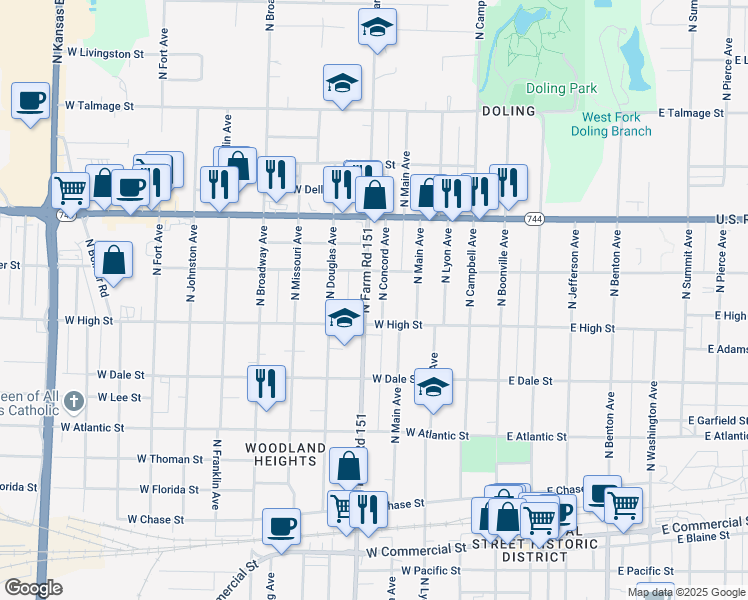 map of restaurants, bars, coffee shops, grocery stores, and more near 649 West High Street in Springfield